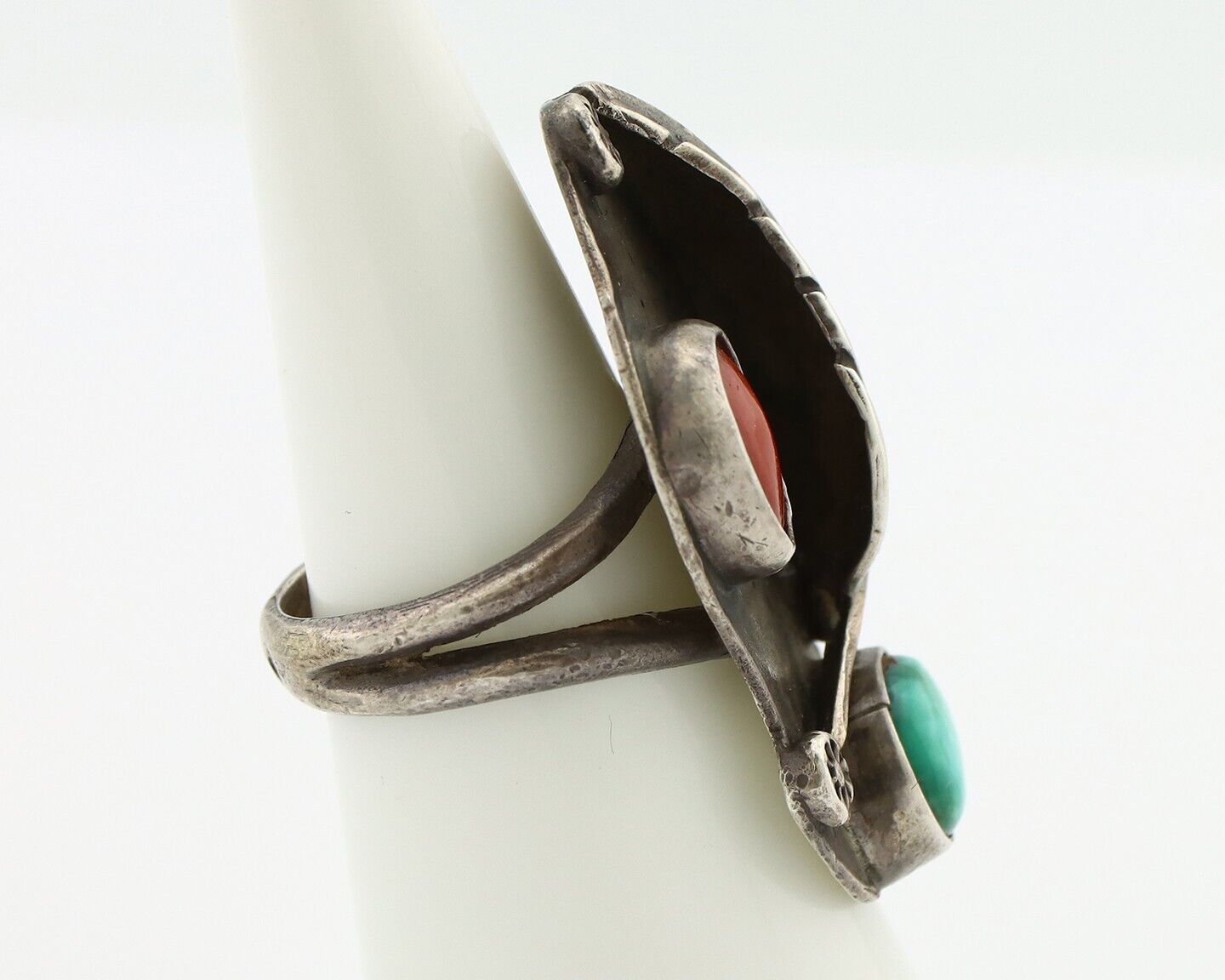 Navajo Handmade Ring 925 Silver Turquiose & Coral Native American Artist C60-70s