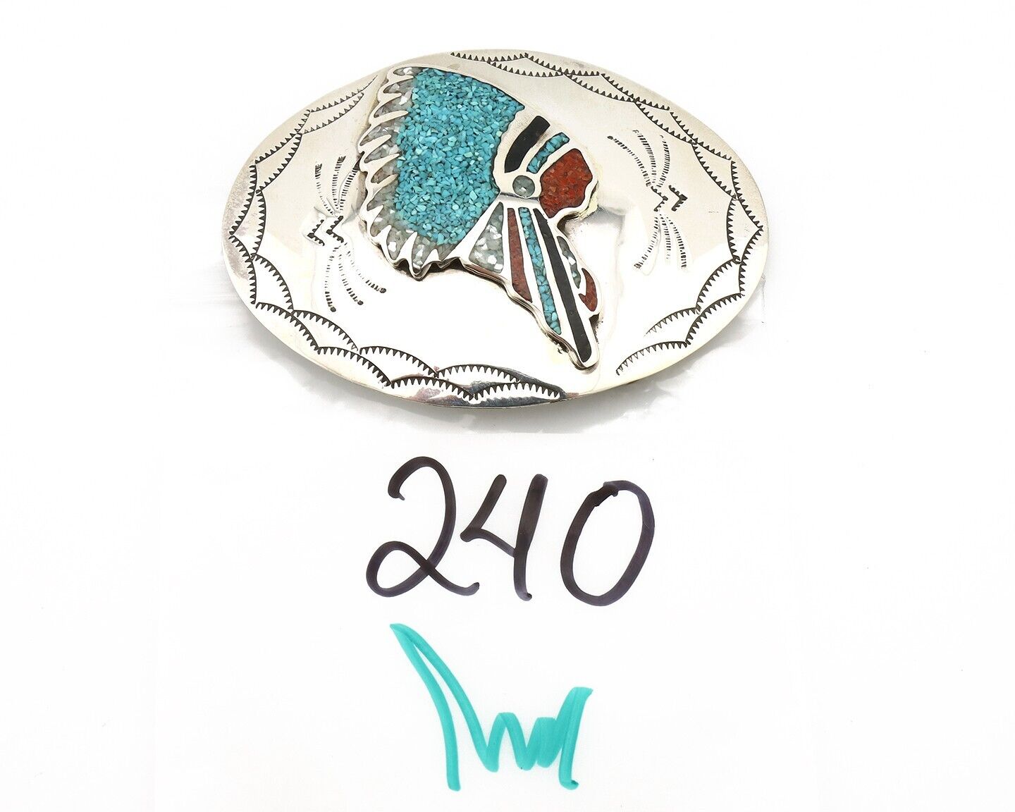 Navajo Belt Buckle 925 Silver Handmade Chip Inlay Artist Signed CP C.80s