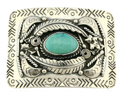 Navajo Belt Buckle .925 Silver Morenci Turquoise Artist Signed Tipi C.80's