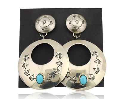 Navajo Handmade Earrings 925 Silver Blue Turquoise Signed Vera Jane C.80's