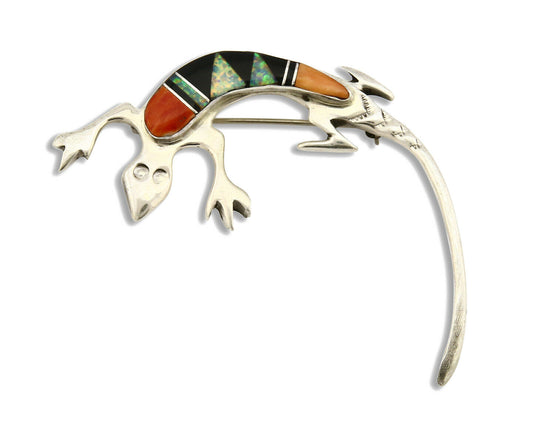 Navajo Lizard Brooch Pin 925 Sterling Silver Multi Stone Inlay Wilbur Muskett Jr