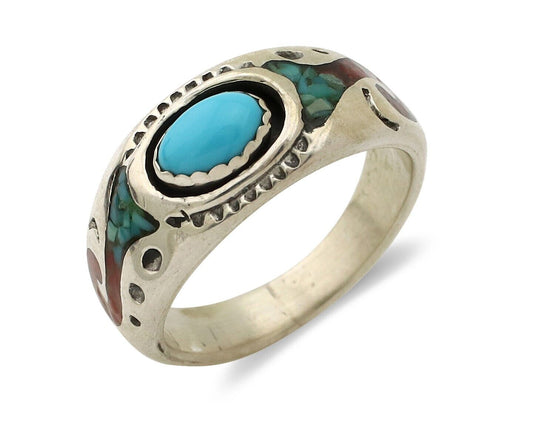 Navajo Inlay Band Ring 925 Silver Turquoise & Coral Native Artist C.80's