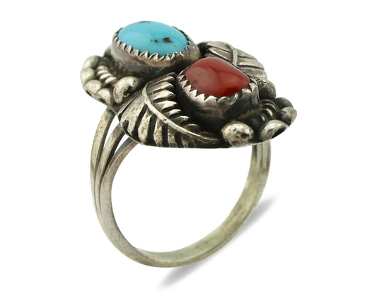 Navajo Ring .925 Silver Turquoise & Coral Artist Signed Thomas Singer C.80's