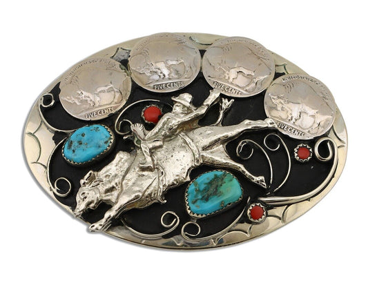 Navajo Cowboy Belt Buckle Nickle Silver Gemstone Handmade Native American C.80's