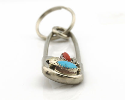 Navajo Handmade Key Chain .925 Silver Blue Turquoise & Coral Native Artist C80s