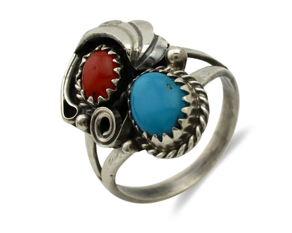 Navajo Ring .925 Silver Turquoise & Coral Artist Signed J Morris C.80's