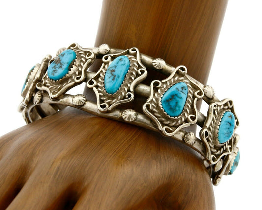 Women's Old Pawn Bracelet Handmade .925 Silver Natural Turquoise Cuff C.70s-80s