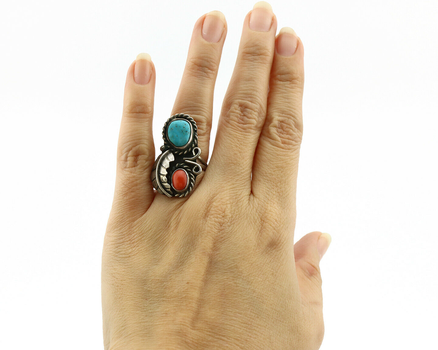 Navajo Ring .925 Silver Turquoise & Coral Native American Artist C.1975's