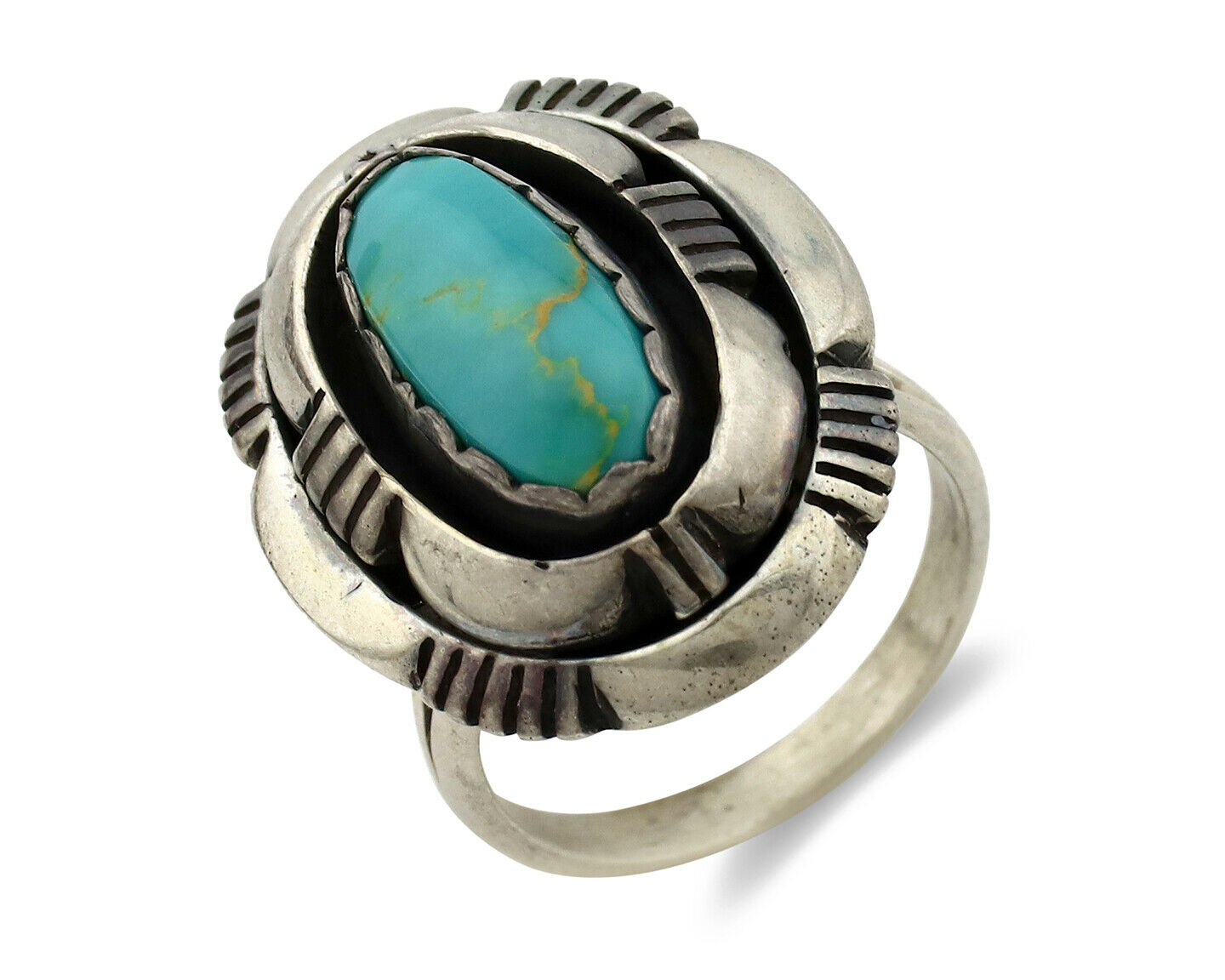 Navajo Ring .925 Silver Morenci Turquoise Artist Signed L. M. Nez C80s