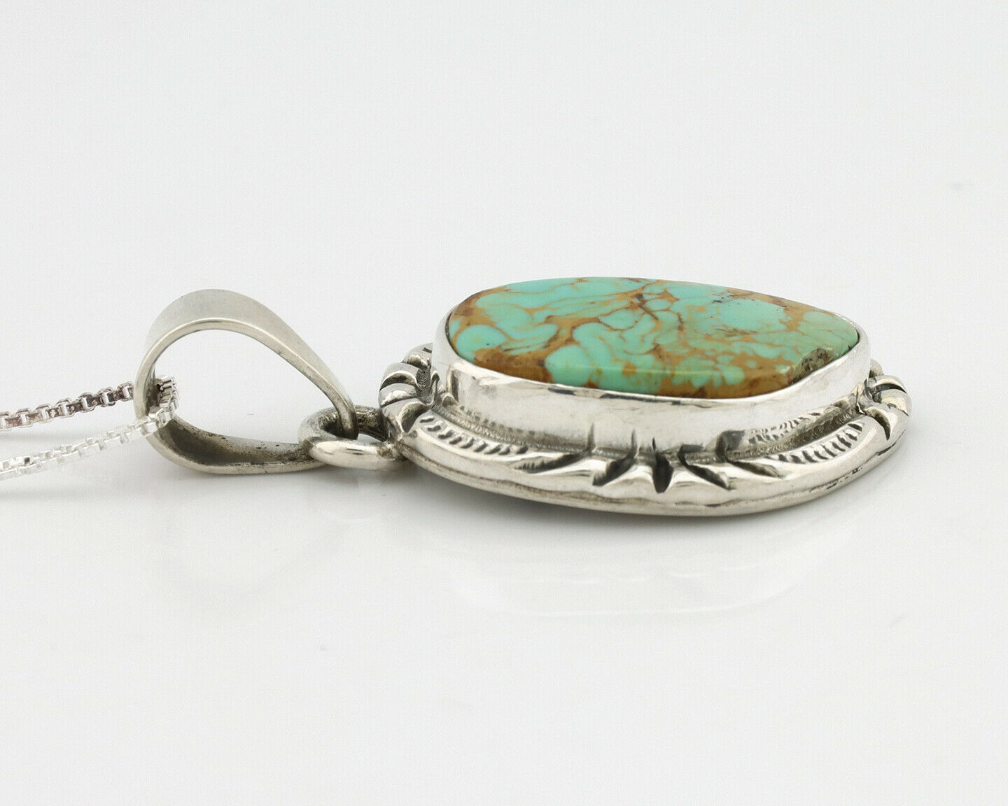 Navajo Kingman Turquoise Pendant .925 Silver Hand Stamped Signed Gecko C.80's