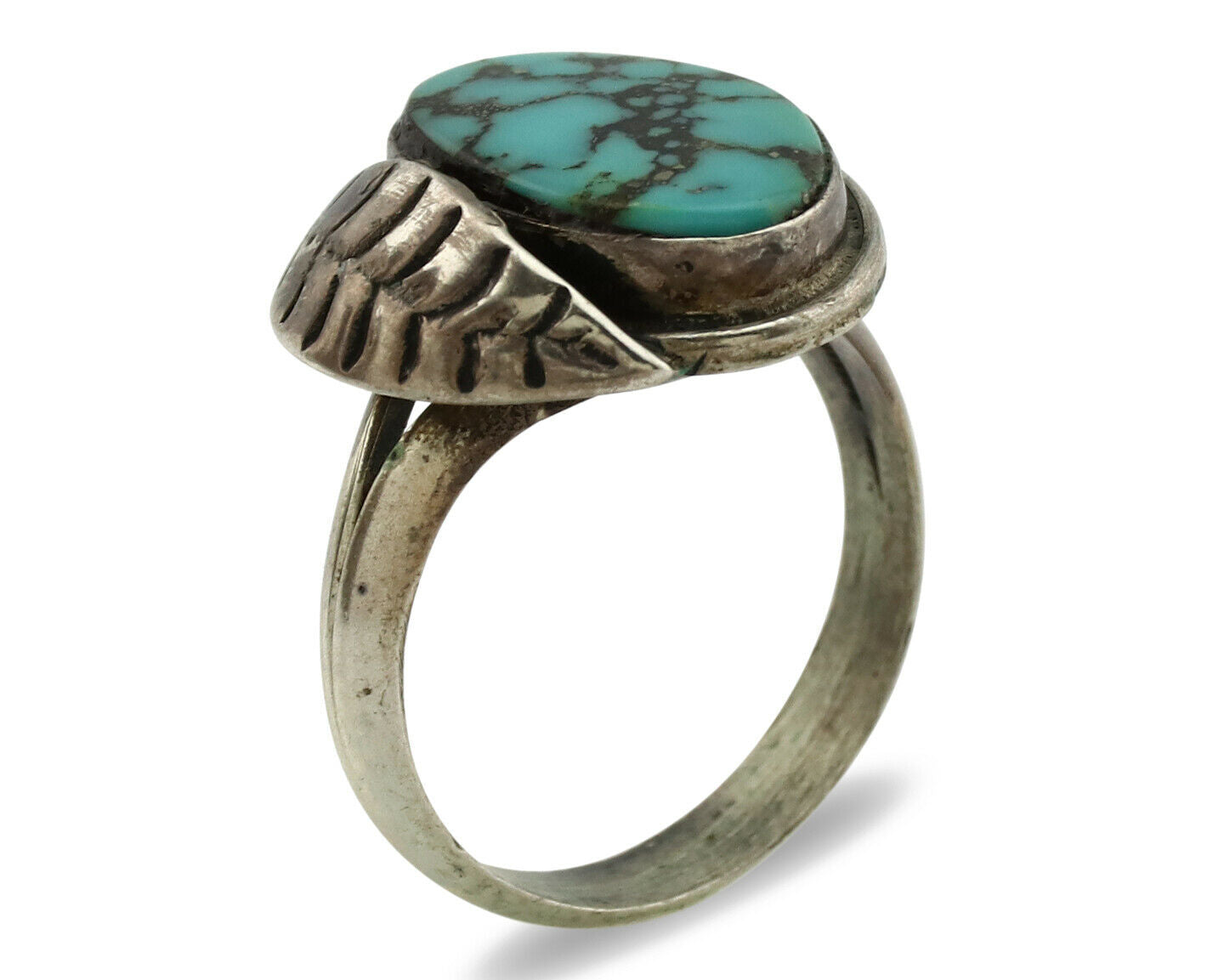 Navajo Ring .925 Silver Spiderweb Turquoise Artist Signed CG01 C.1980's