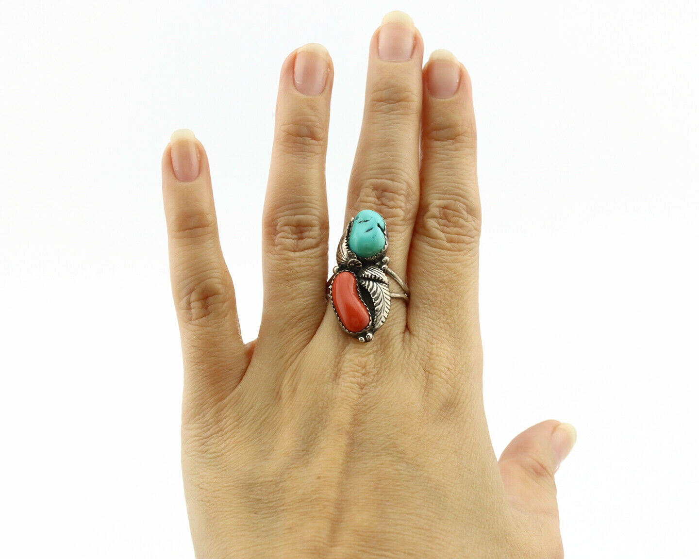 Navajo Ring .925 Silver Turquoise & Coral Artist Signed Tom Willeto C.80's