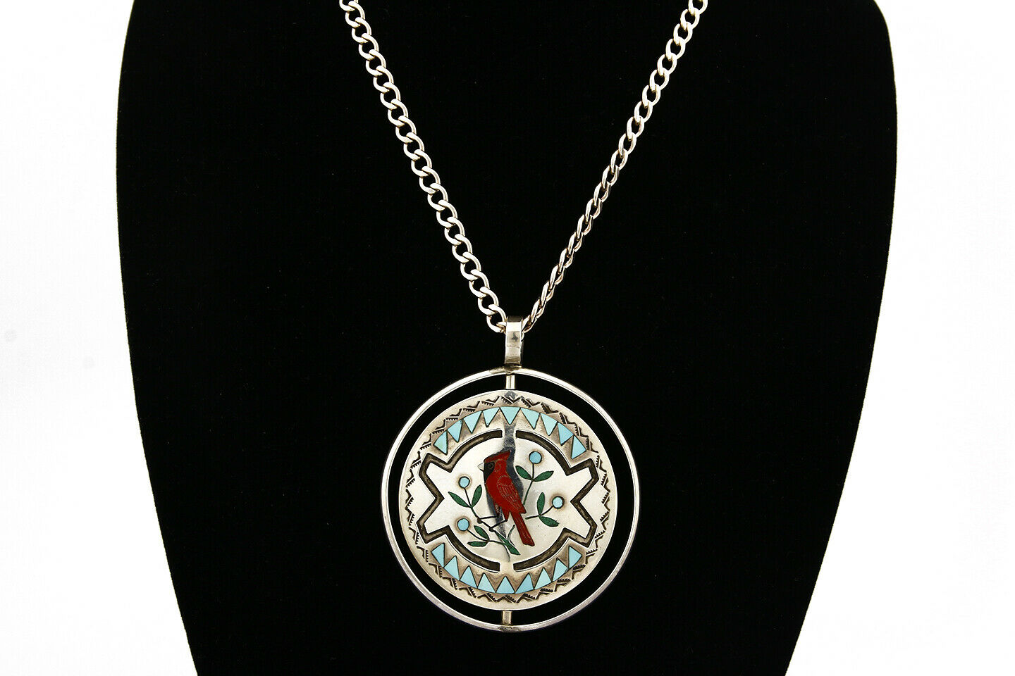 Zuni Bird Spinner Necklace .925 Silver Inlaid Signed Ghahate