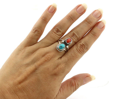 Navajo Handmade Ring 925 Silver Coral & Turquoise Native American Artist C.80's