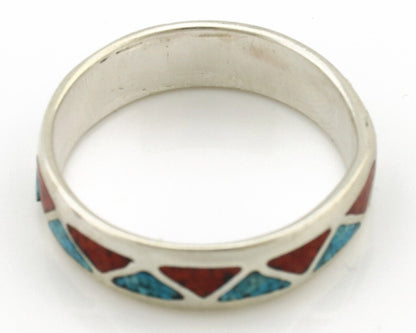 Navajo Chip Inlay Ring 925 Silver Sleeping Beauty Turquoise & Coral Silver Cloud