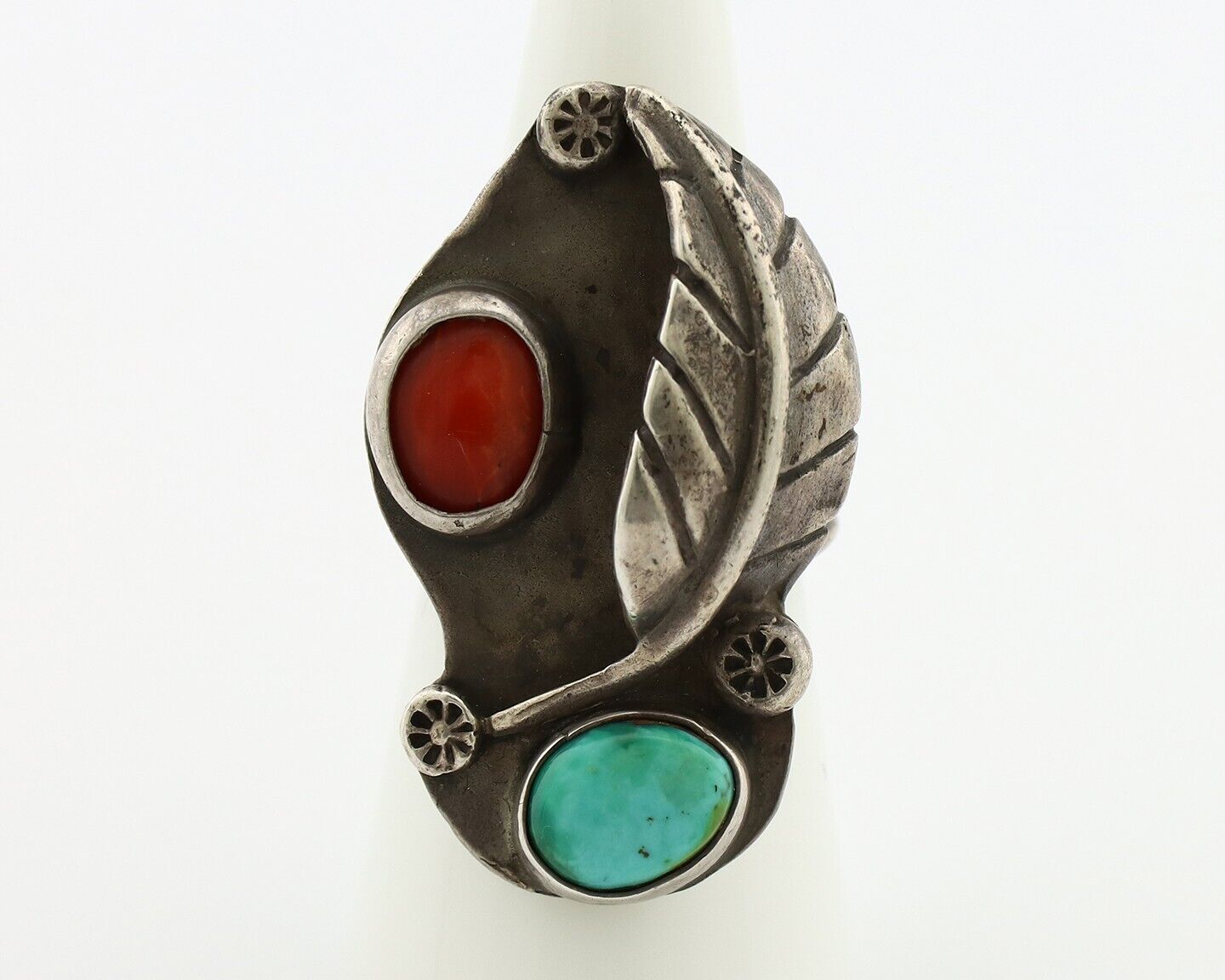 Navajo Handmade Ring 925 Silver Turquiose & Coral Native American Artist C60-70s