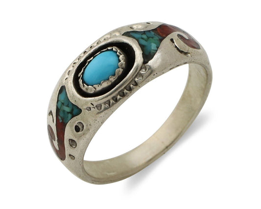 Navajo Handmade Ring 925 Silver Blue Turquoise & Coral Native American Artist