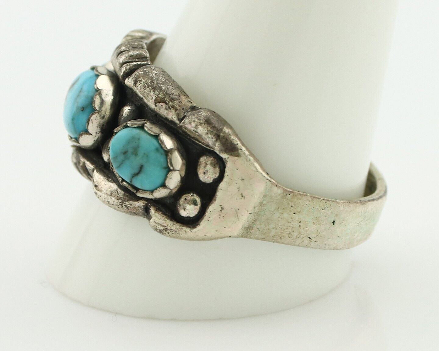 Navajo Ring .925 Silver Natural Blue Turquoise Artist Signed Sun Bell C.80's