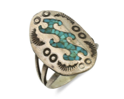 Small Navajo Ring 925 Silver Chip Inlay Turquoise Artist Signed NAKAI C.80's