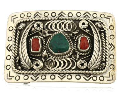 Navajo Belt Buckle .925 Silver Green Turquoise Coral Signed Teepee C.80's