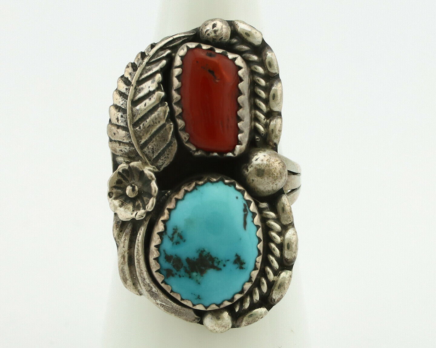 Navajo Ring .925 Silver Turquoise & Coral Artist Thomas Singer C.80's