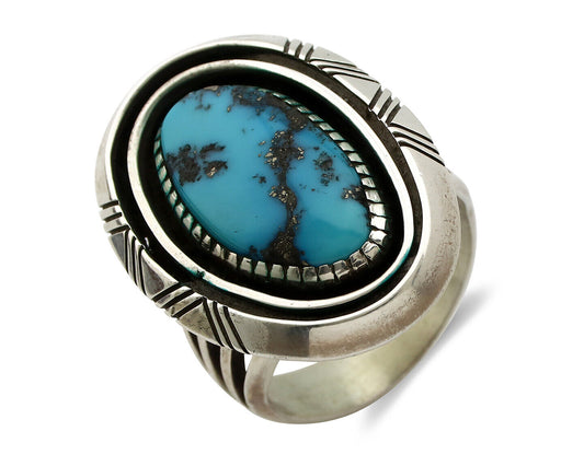 Navajo Ring 925 Silver Morenci Turquoise Artist Signed Ray King C.1980's