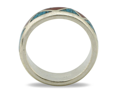 Navajo Chip Inlay Ring 925 Silver Sleeping Beauty Turquoise & Coral Silver Cloud