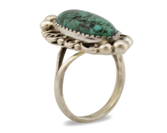 Navajo Ring .925 Silver Spiderweb Turquoise Artist Signed TALHAT C.80's