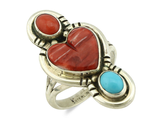 Navajo Ring .925 Silver Natural Coral & Turquoise Signed Carrol Felley C.80's