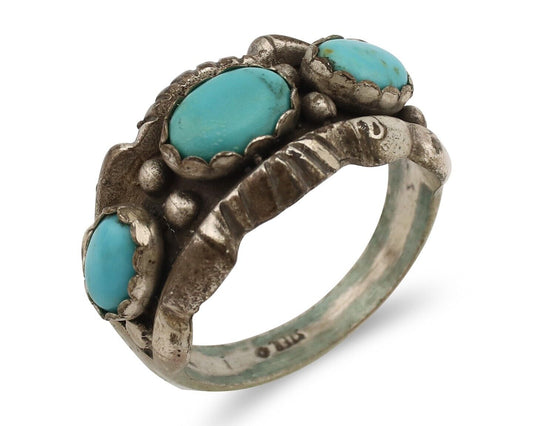 Navajo Ring .925 Silver Natural Blue Turquoise Artist Signed Sun Bell C.80's