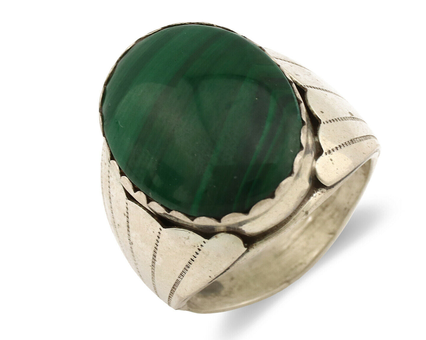 Navajo Ring .925 Silver Natural Green Malachite Artist Signed DL C.1980's