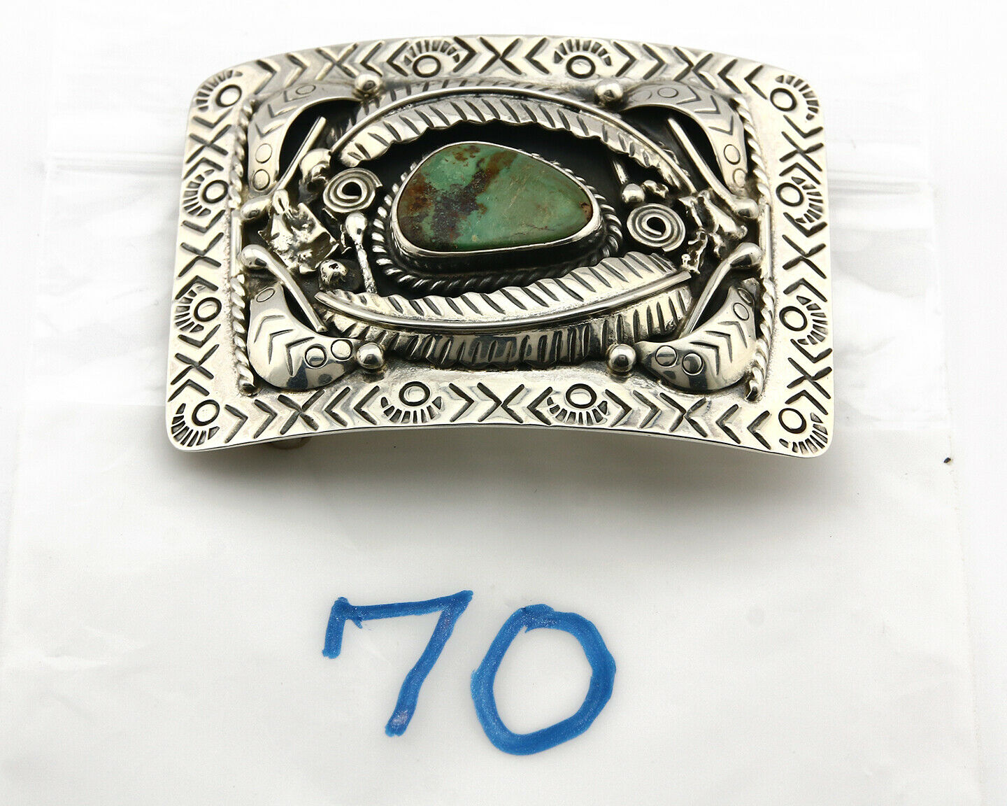 Navajo Belt Buckle .925 Silver Natural Turquoise Artist Signed Tipi C.80's