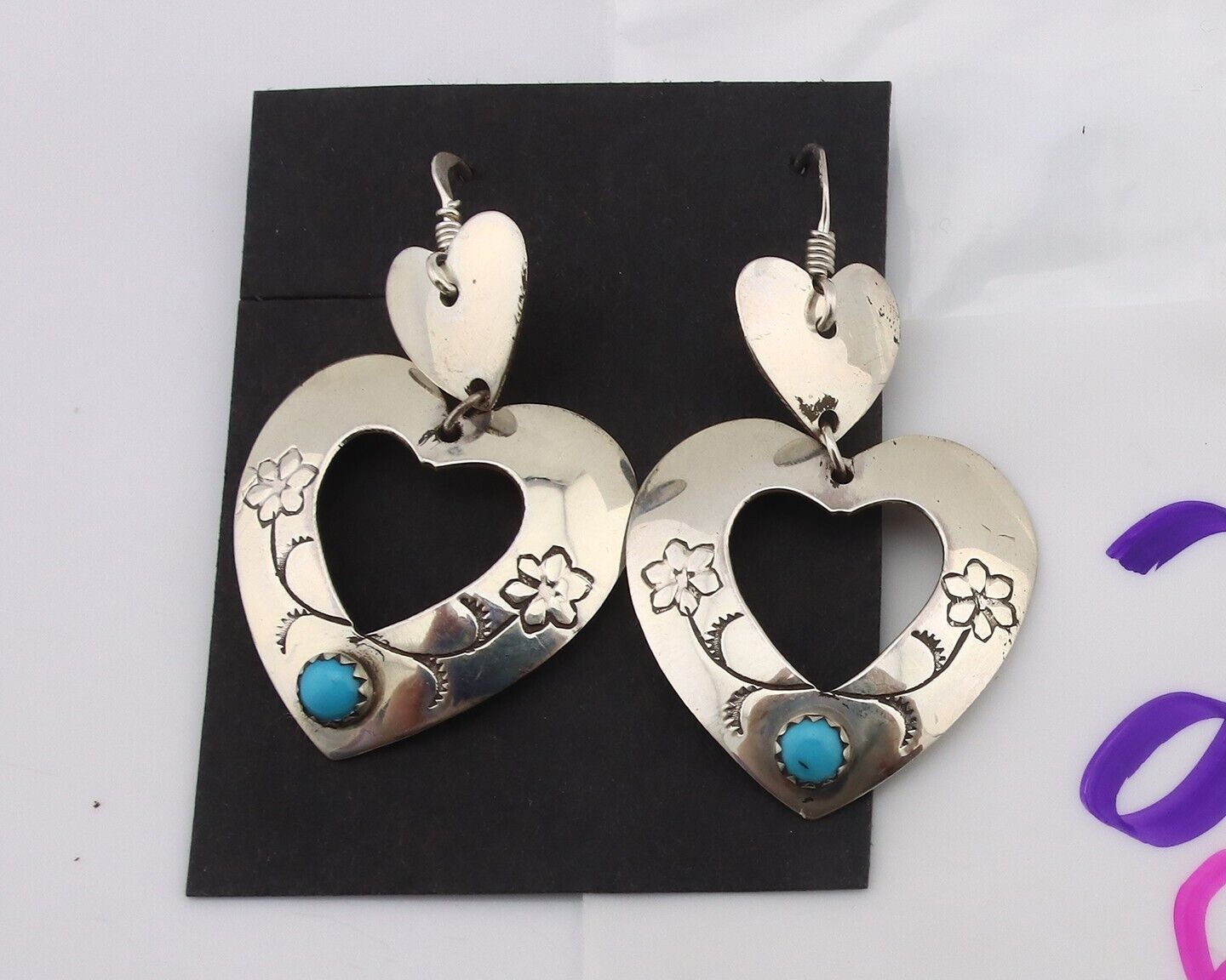 Navajo Dangle Heart Earrings Handmade 925 Silver Blue Turquoise Native Artist 80