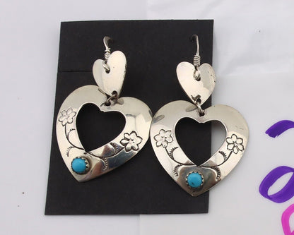 Navajo Dangle Heart Earrings Handmade 925 Silver Blue Turquoise Native Artist 80
