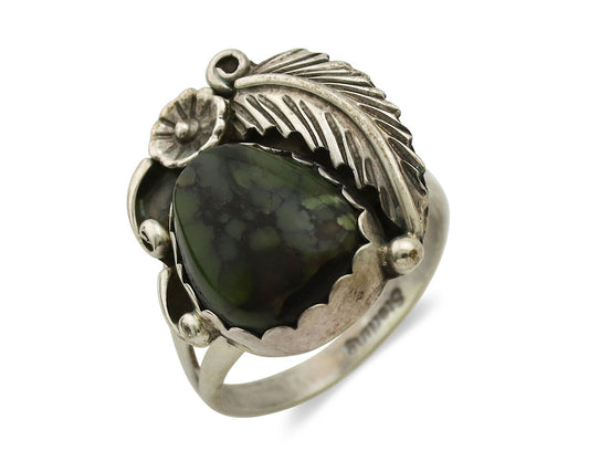 Navajo Ring .925 Silver Army Green Turquoise Native American Artist C.1980's
