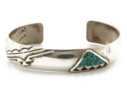 Navajo Chip Inlay Cuff Bracelet 925 Silver Turquoise & Coral Artist NAKAI C.80's