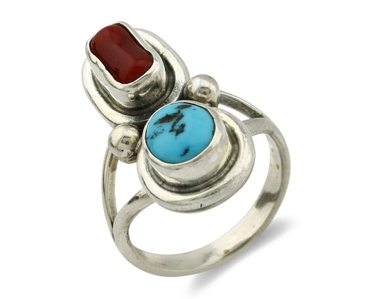 Navajo Ring .925 Silver Red Coral & Blue Turquoise Native Artist C.80's