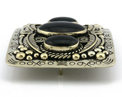 Navajo Handmade Belt Buckle .999 Nickle Silver Onyx Artist Signed Tipi C.80's