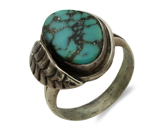 Navajo Ring .925 Silver Spiderweb Turquoise Artist Signed CG01 C.1980's