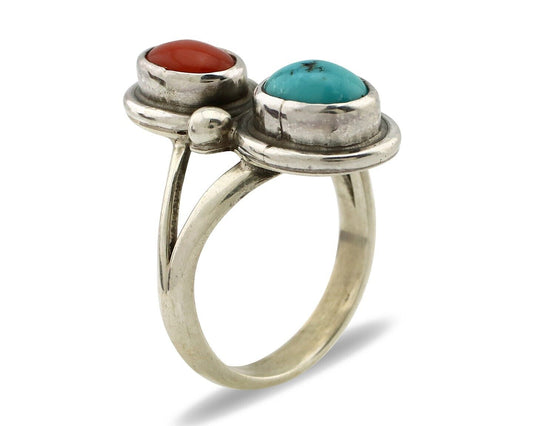 Navajo Handmade Ring 925 Silver Coral & Turquoise Native American Artist C.80's