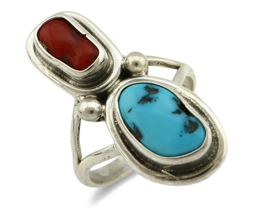 Navajo Ring .925 Silver Red Coral & Blue Turquoise Native Artist C.80's