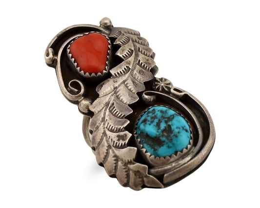 Navajo Ring 925 Silver Blue Turquiose & Coral Artist Signed Wes Craig C.80's