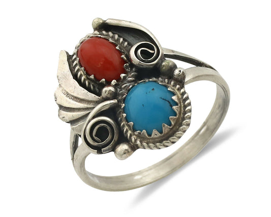 Navajo Ring .925 Silver Morenci Turquoise & Coral Native Artist Signed JM C.80's