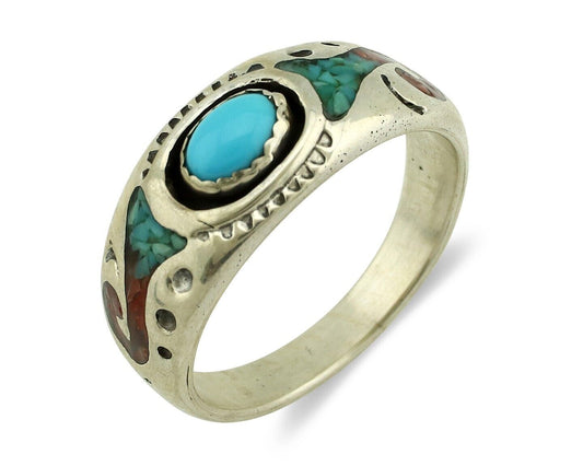 Navajo Handmade Ring 925 Silver Blue Turquoise & Coral Native American C.80's