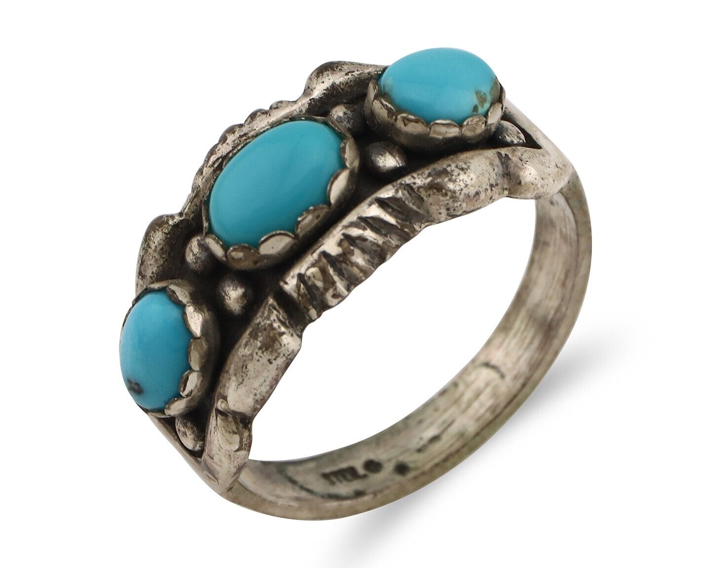 Navajo Ring .925 Silver Natural Blue Turquoise Artist Signed Sun Bell C.80's