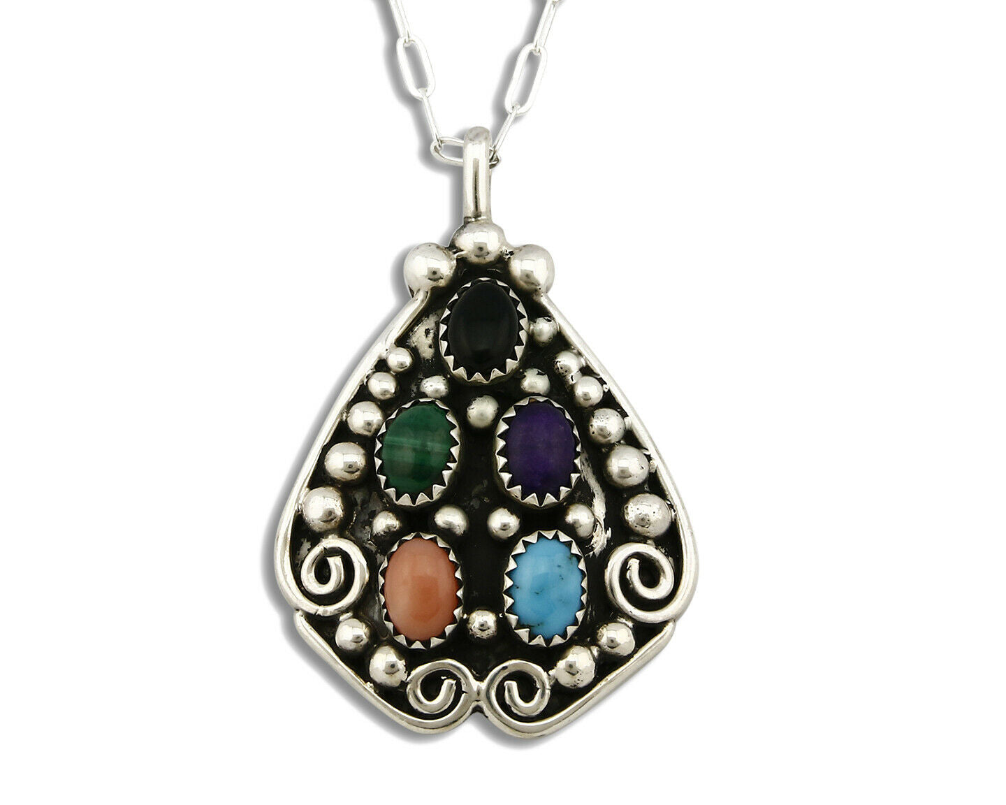 Women's Navajo Necklace .925 Silver Turquoise, Onyx, Sugilite, Malachite, Coral