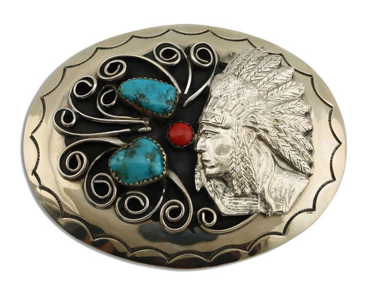 Navajo Chief Belt Buckle Nicle Silver Gemstone Handmade Native American C.80's