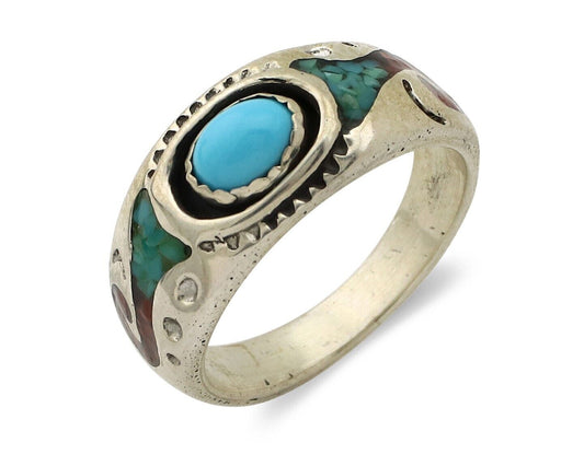 Navajo Handmade Ring 925 Silver Blue Turquoise & Coral Native American C.80's