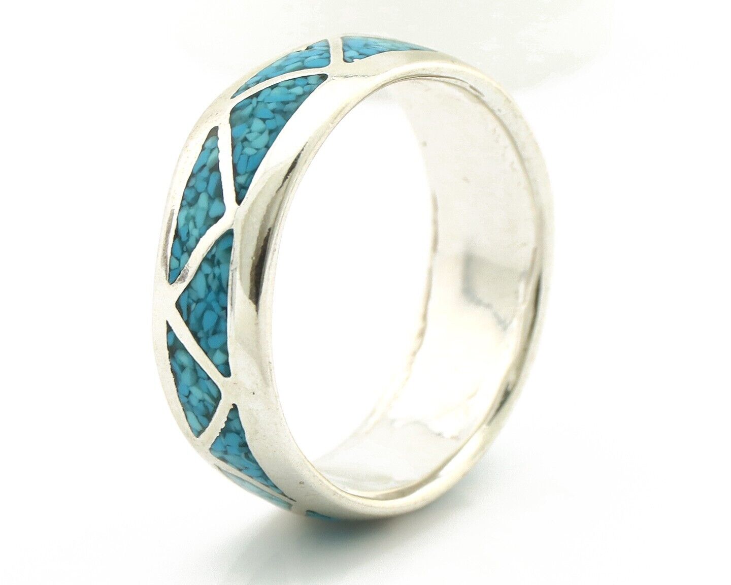 Navajo Chip Inlay Ring 925 Silver Sleeping Beauty Turquoise Artist Silver Cloud