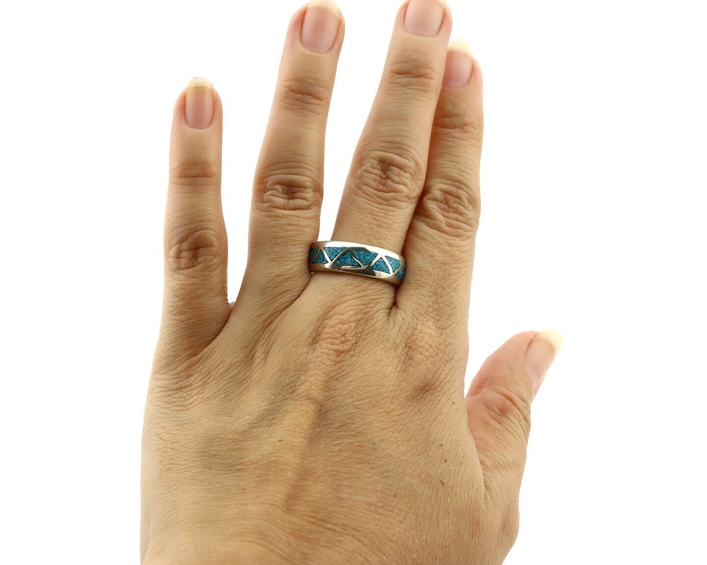 Navajo Chip Inlay Ring 925 Silver Sleeping Beauty Turquoise Artist Silver Cloud